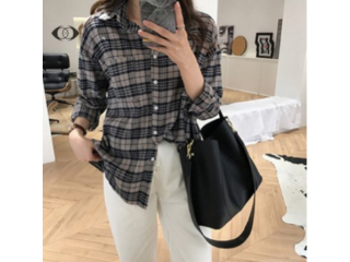 Women Fashion Casual Korean Girl Plaid Long Sleeve Loose Shirt