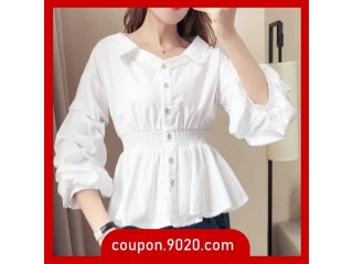 Waist slim long-sleeved white blouse leaking clavicle blouse