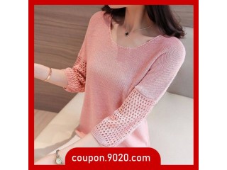 Women's blouse loose pullover knit T-shirt long sleeve thin hollow blouse